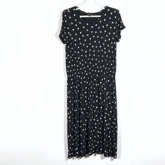 J. Jill Wearever Collection Midi Dress Womens Sz PL Black Printed Elastic Waist - Picture 2 of 11